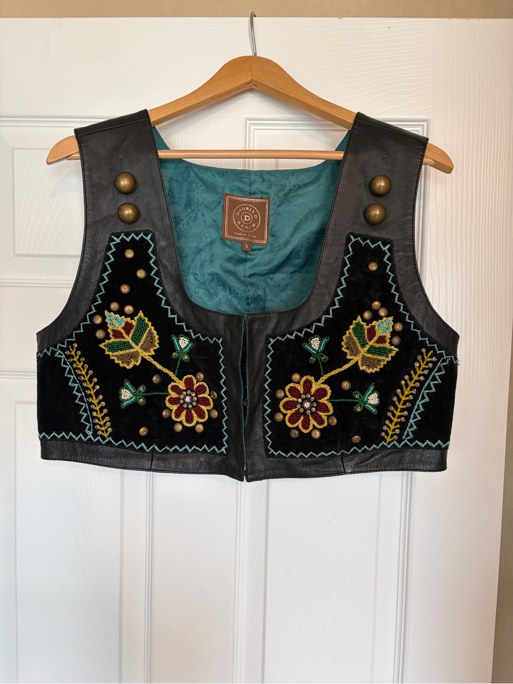 Double D Ranch Beaded Leather Bolero Vest Size Large Velvet Embroidered Chic L13
